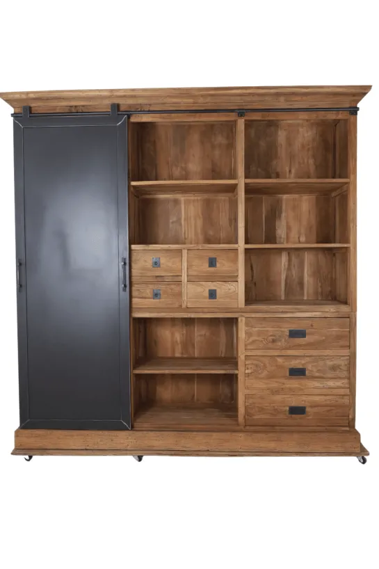 Grote stoere teak houten vitrine kast met metalen schuifdeur 220cm