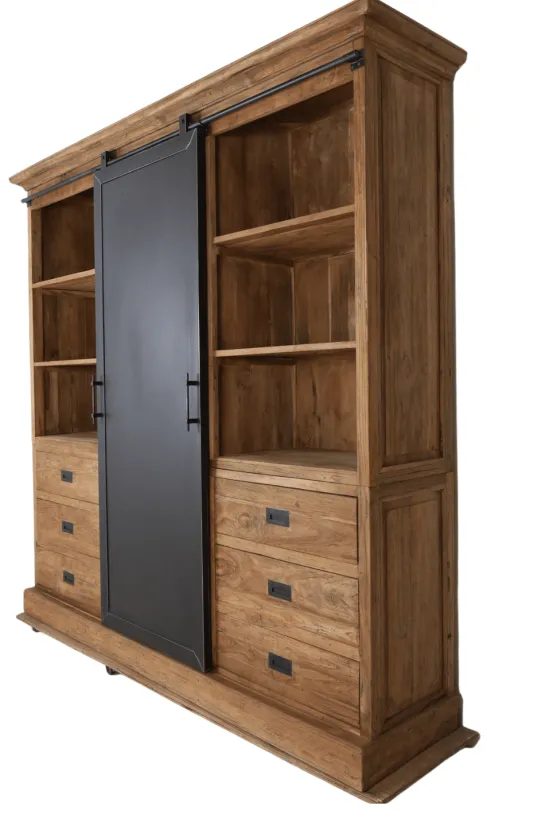Grote stoere teak houten vitrine kast met metalen schuifdeur 220cm