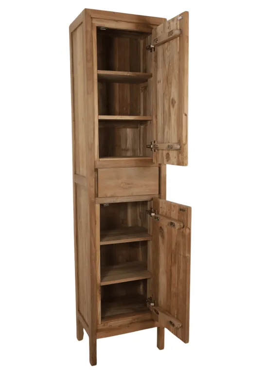 Hoge smalle teak houten badkamerkast 45x35x190 cm