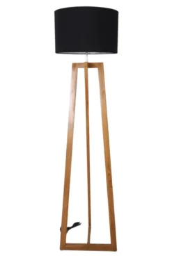 Houten Vloerlamp met Zwarte Kap – Strak Design