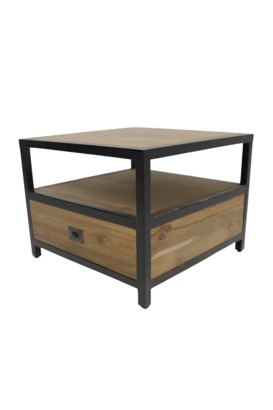 Industriële Salontafel van glad Teak hout en Metaal