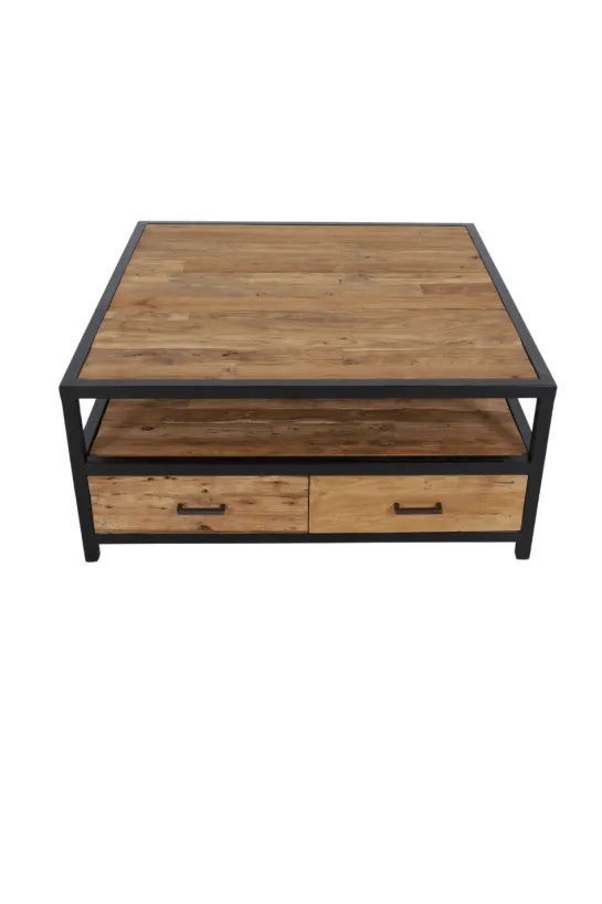 Industriële Salontafel van ruw Teak hout en Metaal