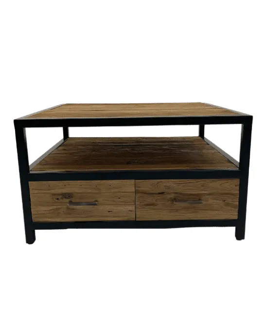 Industriële Salontafel van ruw Teak hout en Metaal