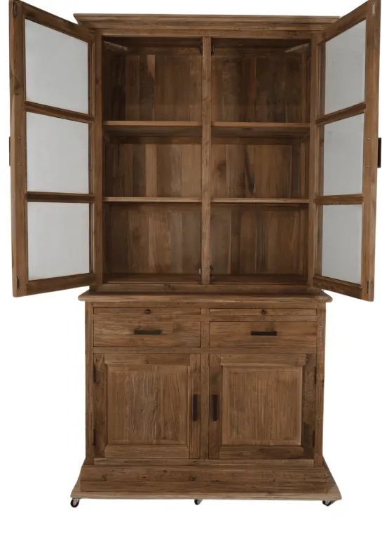 Kleine landelijke massief teak vitrinekast 120 cm