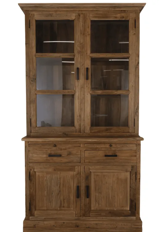 Kleine landelijke massief teak vitrinekast 120 cm