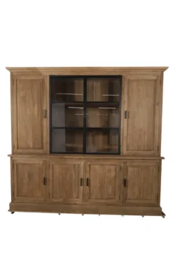 Landelijke teak houten boerderij stijl vitrinekast met metalen deuren 240 cm