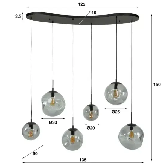 Organische Hanglamp – Stellar Black 6-lichts met zwart glas