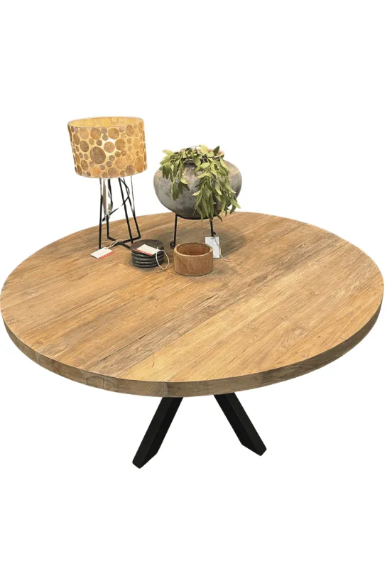 Ronde eettafel van gerecycled teak – Ø140 cm – metalen matrixpoot