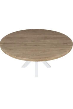 Ronde Massieve Teak Houten Eettafel 160 cm met Witte Kruispoot