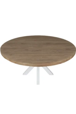 Ronde Massieve Teak Houten Eettafel 160 cm met Witte Kruispoot