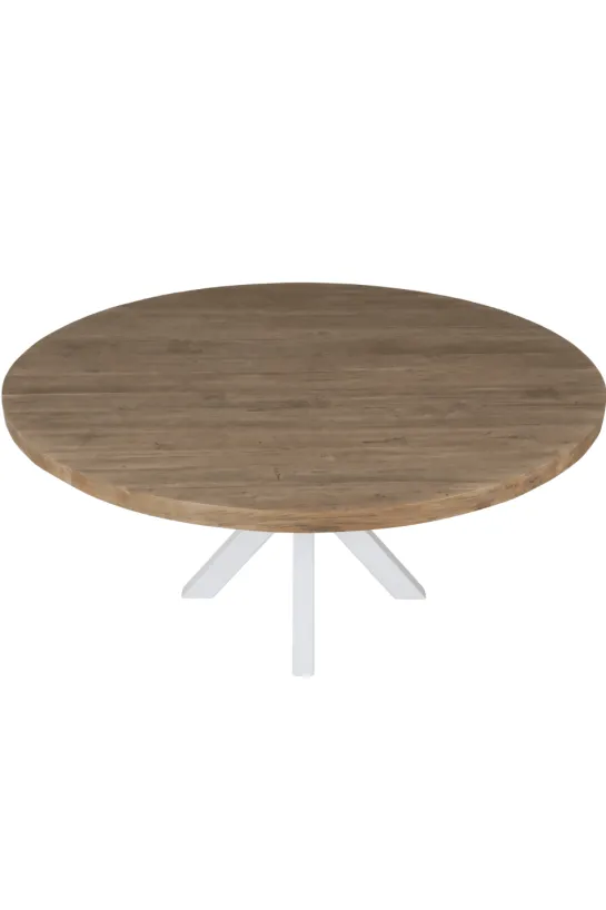 Ronde Massieve Teak Houten Eettafel 160 cm met Witte Kruispoot