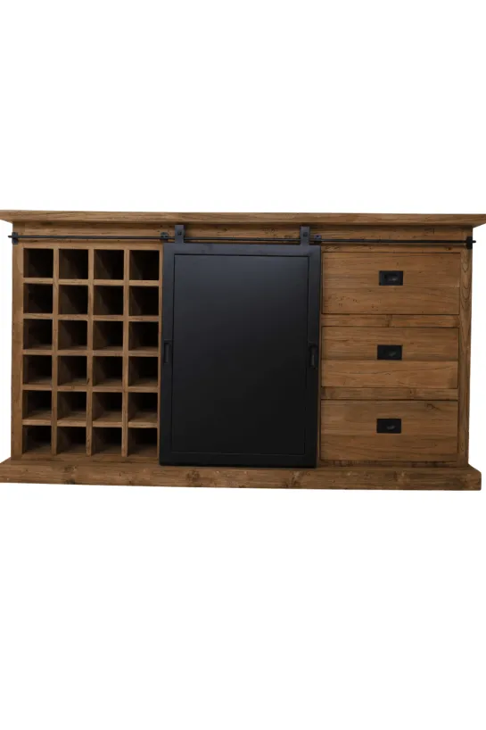 Teak houten dressoir met metalen schuifdeur en wijnrek 160 cm