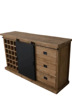 Teak houten dressoir met metalen schuifdeur en wijnrek 160 cm