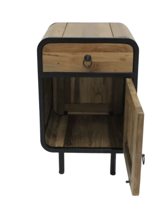 Teak houten industriële ronde hoeken nachtkastjes set van 2 glad