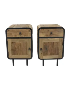 Teak houten industriële ronde hoeken nachtkastjes set van 2 ruw