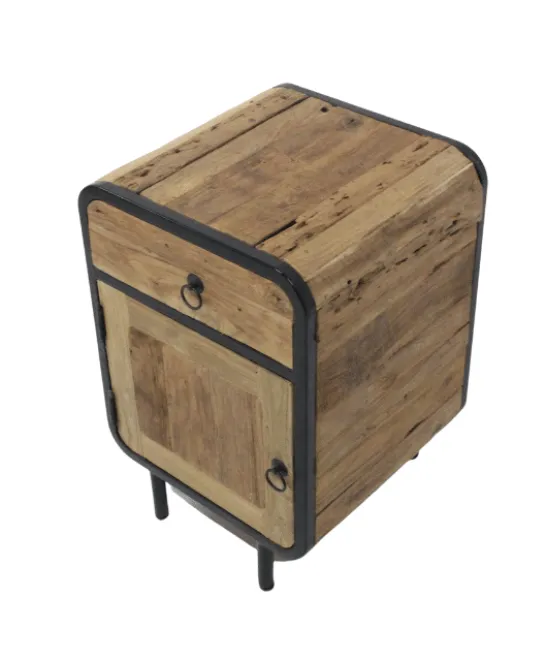 Teak houten industriële ronde hoeken nachtkastjes set van 2 ruw