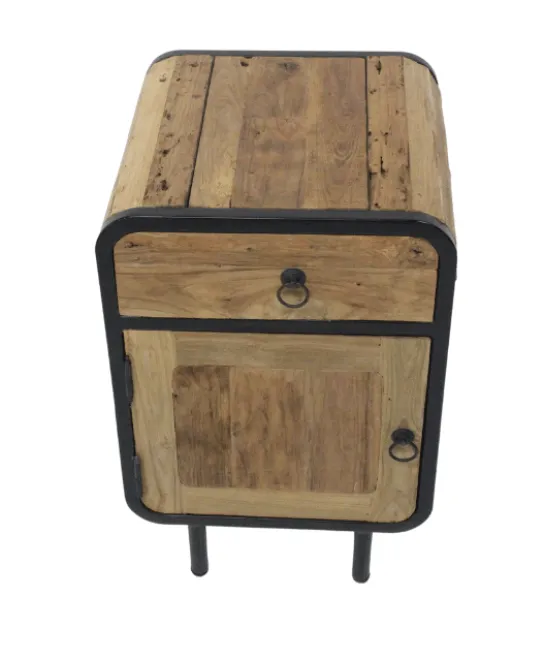 Teak houten industriële ronde hoeken nachtkastjes set van 2 ruw