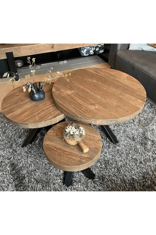 Teakhouten ronde salontafel met metalen spin poot