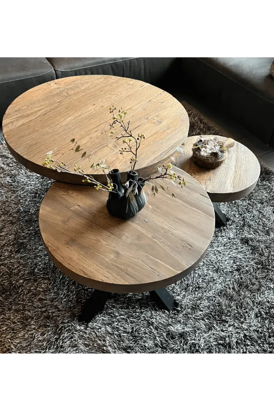 Teakhouten ronde salontafel met metalen spin poot
