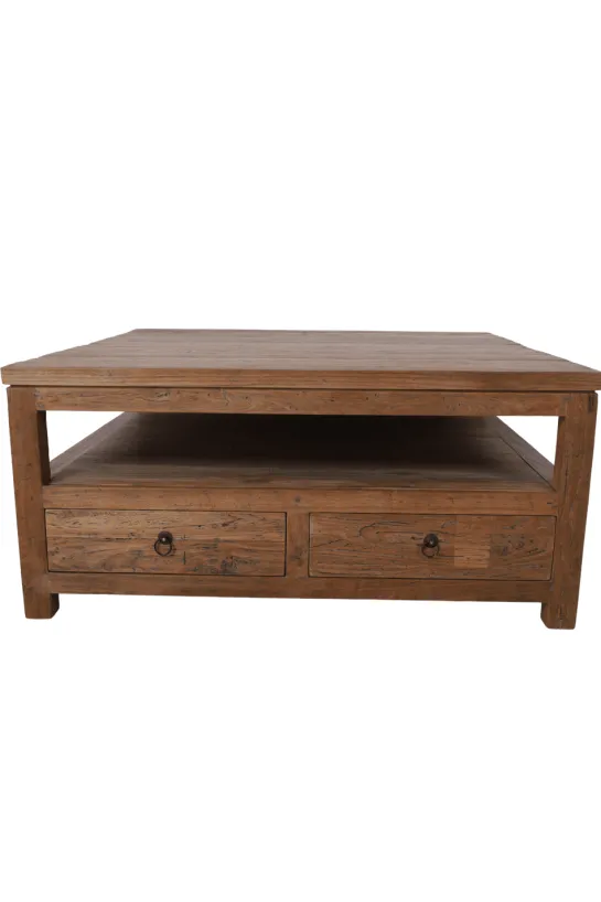 Teak houten salontafel 100x100x45 cm met lades
