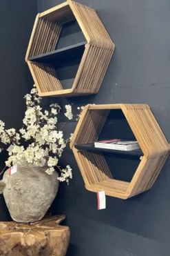Teak Houten Wandrek – Set van 2 (Zeshoekig)