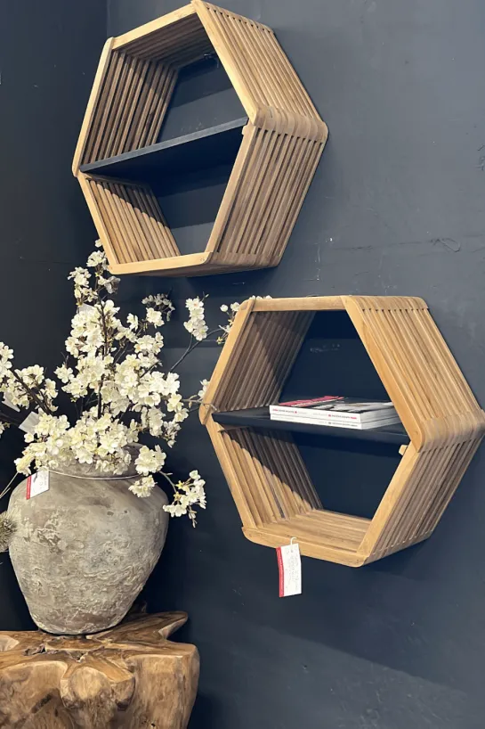 Teak Houten Wandrek – Set van 2 (Zeshoekig)