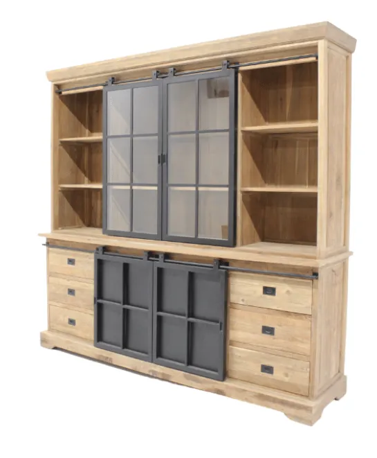 Teak vitrinekast met metalen deuren