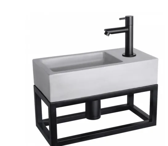 Toilet wasbakje met zwart metalen beugel er onder incl kraan, afvoerplug en sifon