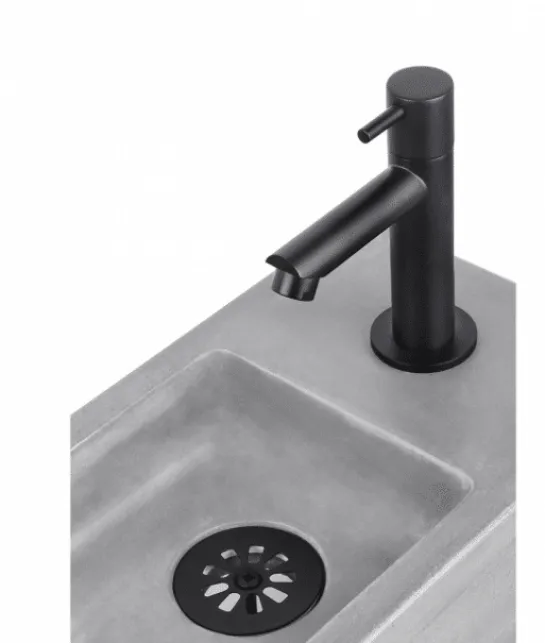 Toilet wasbakje met zwart metalen beugel er onder incl kraan, afvoerplug en sifon