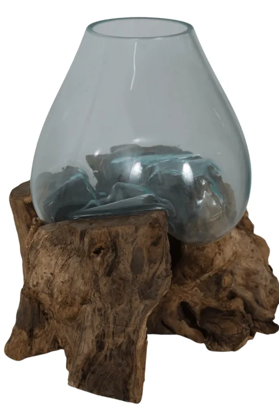 Vaas van Geblazen Glas op Teak Houten Stronk