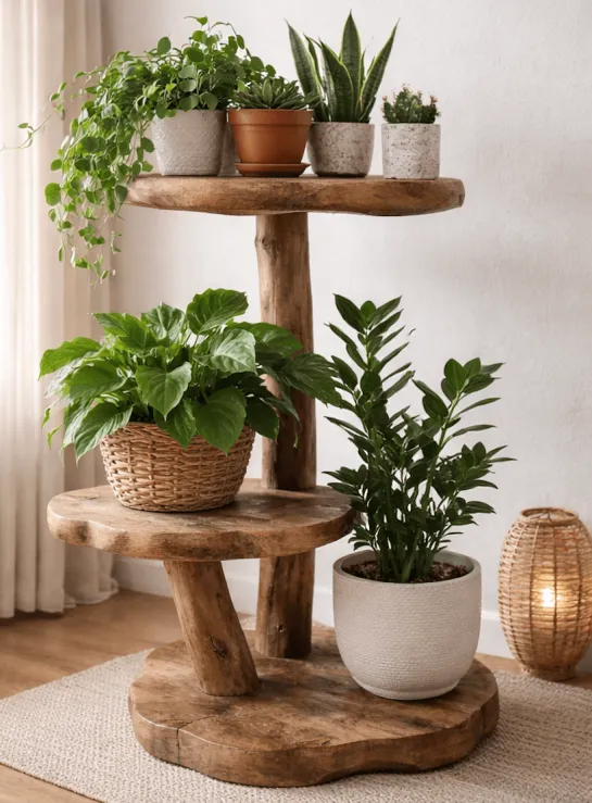 Wortel Teak Houten Kattenpaal / Plantentafel – 2 Plateau’s